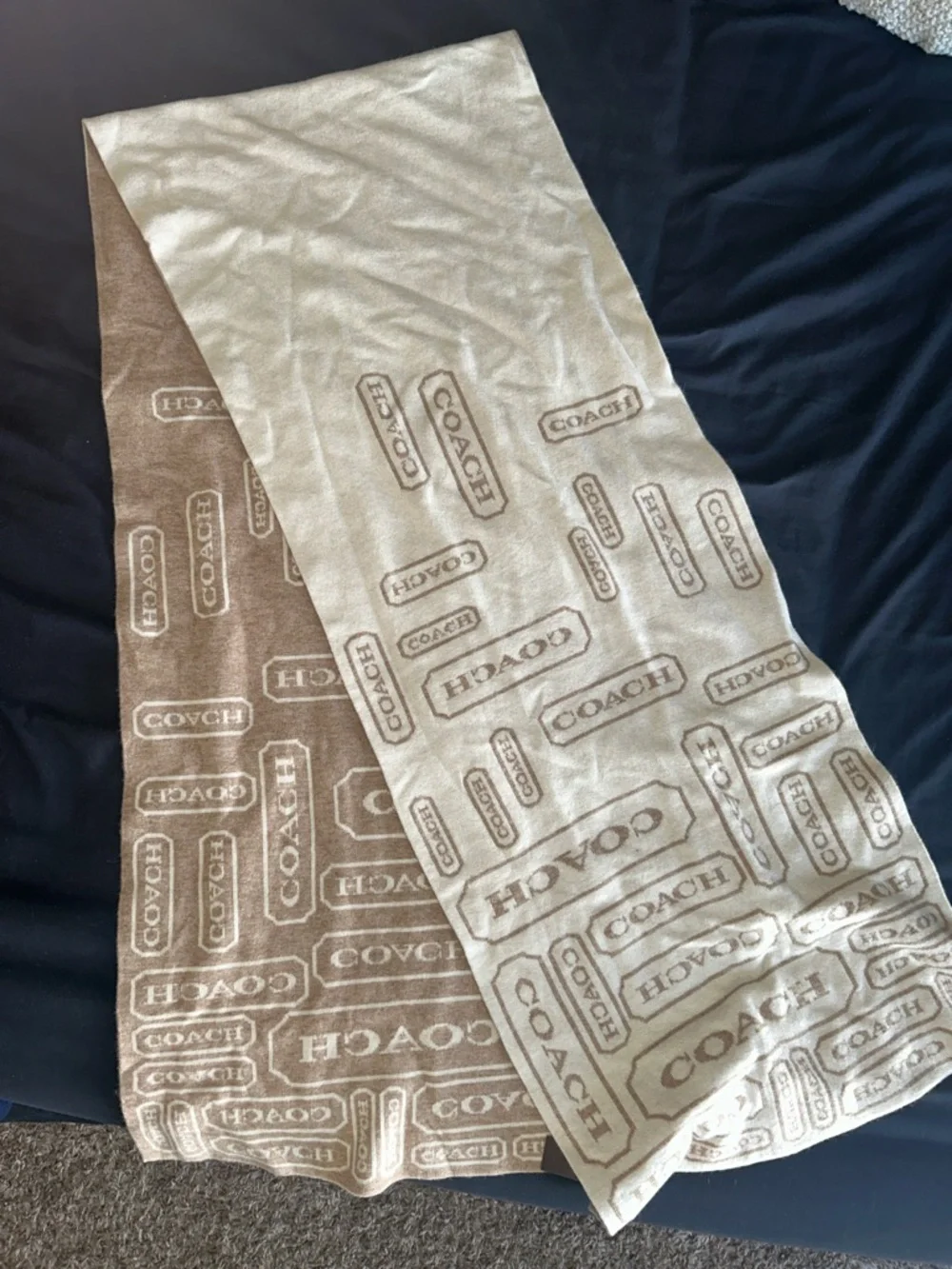 Coach NWT Cashmere & Wool Blend Reversible Logo Scarf in Beige and Light Taupe